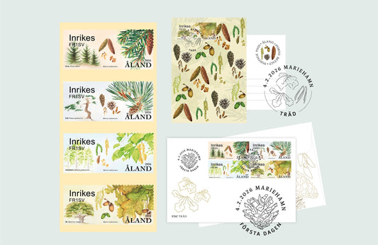 postal label collection with different trees in Åland 