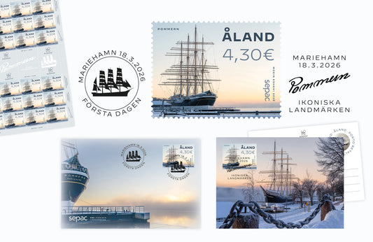 Maritima ikonen Pommern pryder årets vinterfrimärke från Åland
