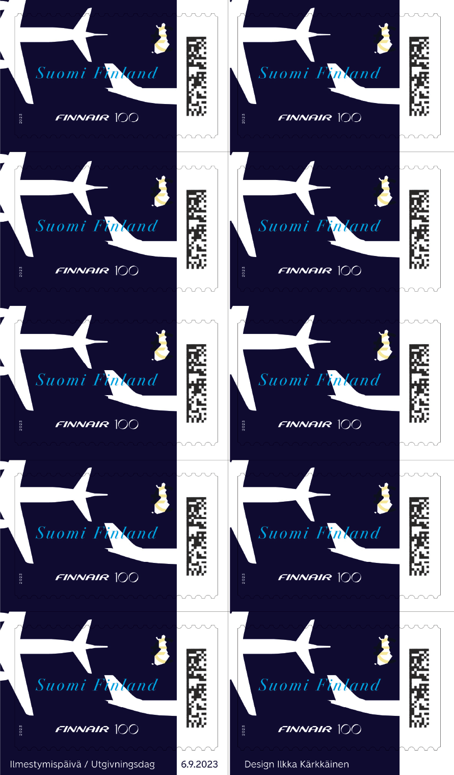The Finnair 100 Years stamp designed by Ilkka Kärkkäinen is available as of  today in Finland